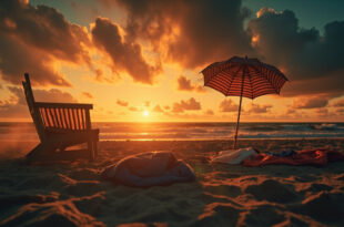 Abandoned beach chairs and overturned umbrella face turbulent waters on empty Florida shore at stormy sunset.