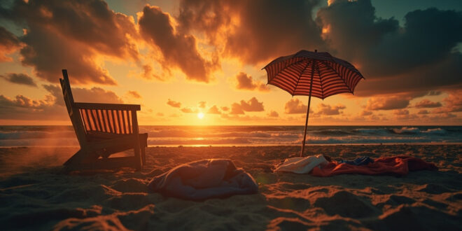 Abandoned beach chairs and overturned umbrella face turbulent waters on empty Florida shore at stormy sunset.
