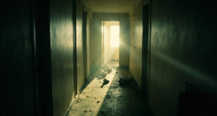 Abandoned filming equipment in an empty hotel room with scattered objects amid vacant corridor, depicting accommodation scandal