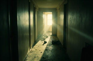 Abandoned filming equipment in an empty hotel room with scattered objects amid vacant corridor, depicting accommodation scandal
