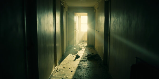 Abandoned filming equipment in an empty hotel room with scattered objects amid vacant corridor, depicting accommodation scandal