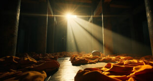Abandoned Buddhist temple at twilight with scattered saffron robes and overturned alms bowl on meditation hall floor