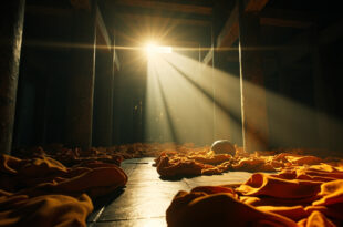 Abandoned Buddhist temple at twilight with scattered saffron robes and overturned alms bowl on meditation hall floor