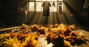 Empty children's dress-up costumes hanging on hooks in abandoned kindergarten playroom with scattered feathers on floor