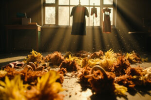 Empty children's dress-up costumes hanging on hooks in abandoned kindergarten playroom with scattered feathers on floor