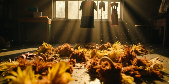 Empty children's dress-up costumes hanging on hooks in abandoned kindergarten playroom with scattered feathers on floor