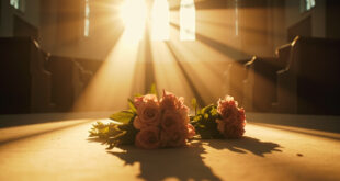 Abandoned wedding bouquet on an empty altar in an elegant church interior bathed in morning light