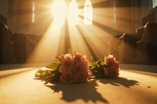Abandoned wedding bouquet on an empty altar in an elegant church interior bathed in morning light