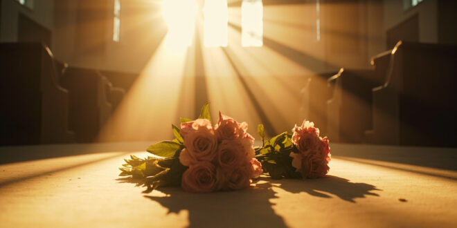 Abandoned wedding bouquet on an empty altar in an elegant church interior bathed in morning light