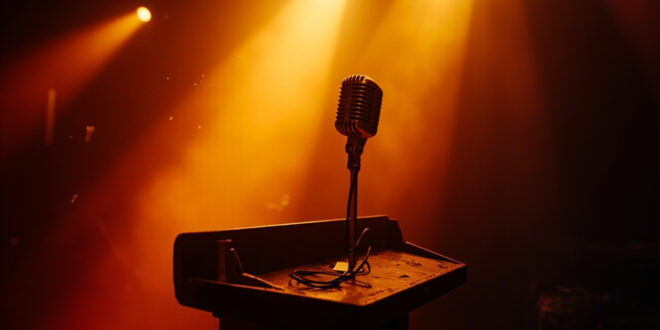 Silent microphone on an empty wooden pulpit stands abandoned in a once-bustling television studio bathed in amber light.