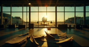 Empty passenger aircraft at departure gate in deserted airport terminal at dawn, with abandoned boarding documents on counter
