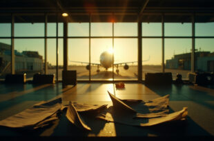 Empty passenger aircraft at departure gate in deserted airport terminal at dawn, with abandoned boarding documents on counter