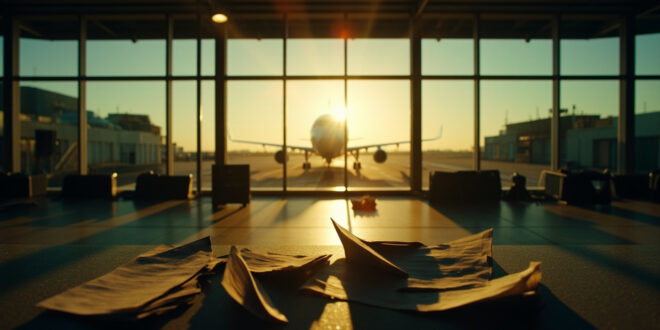 Empty passenger aircraft at departure gate in deserted airport terminal at dawn, with abandoned boarding documents on counter