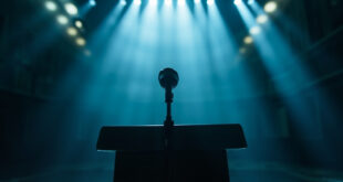 Empty presidential podium with lone microphone stands in abandoned government press room with dramatic blue lighting
