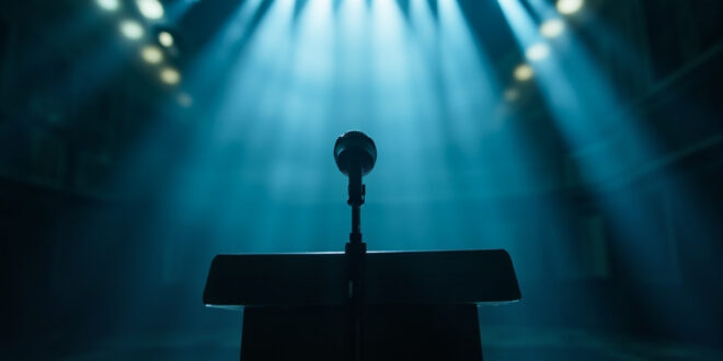 Empty presidential podium with lone microphone stands in abandoned government press room with dramatic blue lighting
