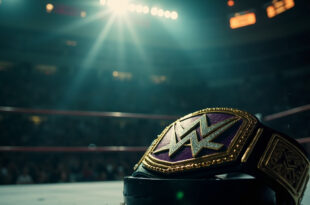 Empty golden championship belt under spotlight on vacant podium in dimly lit wrestling arena