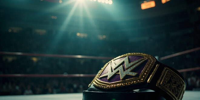 Empty golden championship belt under spotlight on vacant podium in dimly lit wrestling arena
