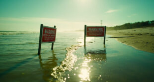 Warning signs and barriers on a deserted Florida beach with murky green contaminated waters in background