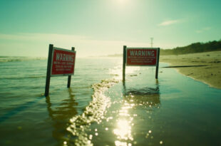 Warning signs and barriers on a deserted Florida beach with murky green contaminated waters in background