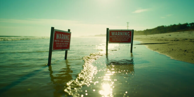 Warning signs and barriers on a deserted Florida beach with murky green contaminated waters in background