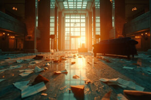 Abandoned Manhattan skyscraper lobby at dusk with overturned furniture and scattered papers on marble floor