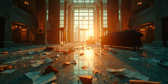 Abandoned Manhattan skyscraper lobby at dusk with overturned furniture and scattered papers on marble floor