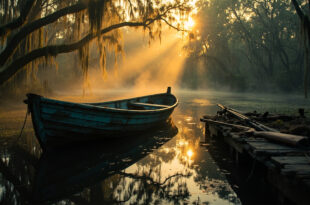 Empty wooden fishing boat drifting through misty Louisiana bayou at twilight, with weathered hunting equipment on nearby dock