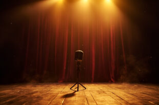 Abandoned vintage microphone stands alone on empty wooden stage in dimmed theater with closed burgundy curtains