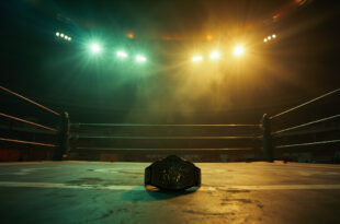 An empty wrestling ring illuminated by a single spotlight in an abandoned arena at twilight, with a championship belt on a pedestal