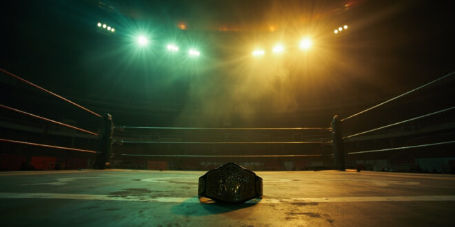 An empty wrestling ring illuminated by a single spotlight in an abandoned arena at twilight, with a championship belt on a pedestal