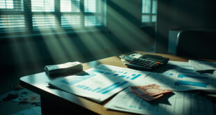 Abandoned government office desk with calculator, financial charts and scattered euro bills amid budget documents
