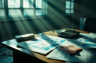 Abandoned government office desk with calculator, financial charts and scattered euro bills amid budget documents