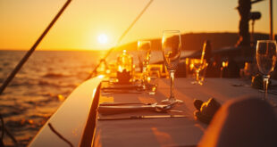 Empty champagne glasses on an elegant dinner table aboard a luxury superyacht at golden sunset in Mediterranean waters