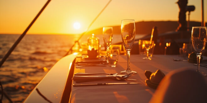Empty champagne glasses on an elegant dinner table aboard a luxury superyacht at golden sunset in Mediterranean waters