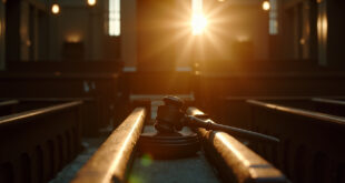 Empty courtroom at dusk with abandoned gavel on bench and scales of justice, illuminated by golden light
