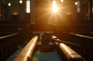 Empty courtroom at dusk with abandoned gavel on bench and scales of justice, illuminated by golden light
