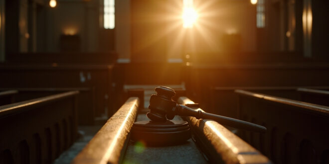 Empty courtroom at dusk with abandoned gavel on bench and scales of justice, illuminated by golden light