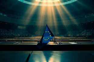 Empty European Parliament chamber with voting documents scattered across desks, EU flags drooping in the background