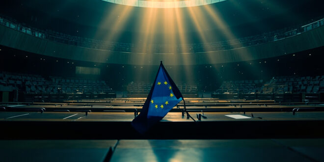 Empty European Parliament chamber with voting documents scattered across desks, EU flags drooping in the background