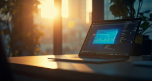 Empty developer desk with automation tools and computer screen showing Make.com interface in minimalist tech workspace at dawn