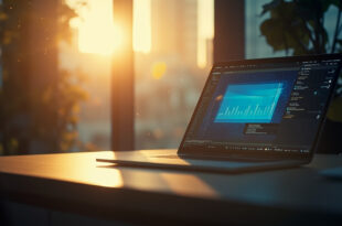 Empty developer desk with automation tools and computer screen showing Make.com interface in minimalist tech workspace at dawn