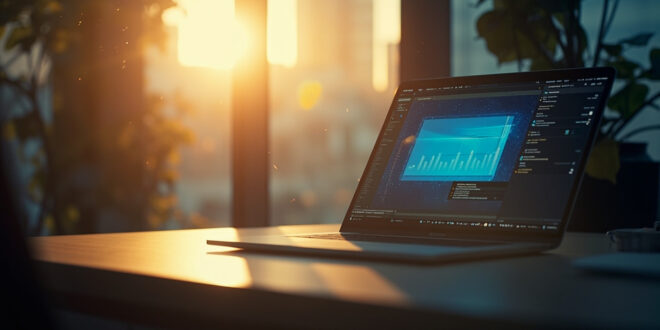 Empty developer desk with automation tools and computer screen showing Make.com interface in minimalist tech workspace at dawn