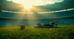 Medical stretcher and abandoned football boot on empty stadium pitch at twilight after sports injury incident
