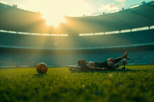 Medical stretcher and abandoned football boot on empty stadium pitch at twilight after sports injury incident