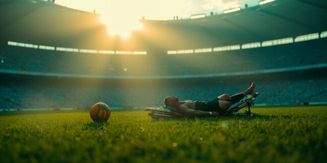 Medical stretcher and abandoned football boot on empty stadium pitch at twilight after sports injury incident