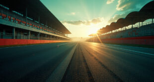 Deserted motorcycle racing circuit at dusk with empty grandstands after controversial incident, bathed in gray and red light