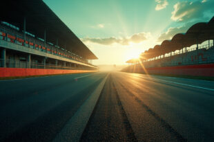 Deserted motorcycle racing circuit at dusk with empty grandstands after controversial incident, bathed in gray and red light