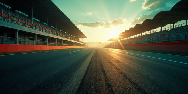 Deserted motorcycle racing circuit at dusk with empty grandstands after controversial incident, bathed in gray and red light