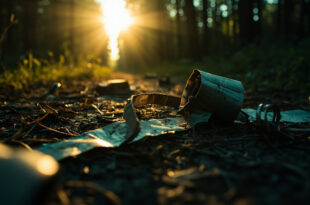 Discarded animal restraints and collar abandoned on a forest path at dusk, torn silver tape visible on ground