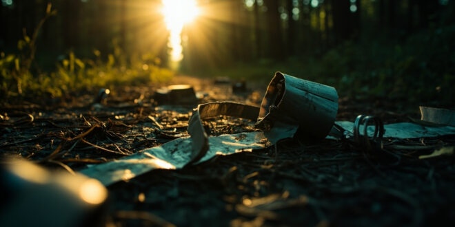 Discarded animal restraints and collar abandoned on a forest path at dusk, torn silver tape visible on ground